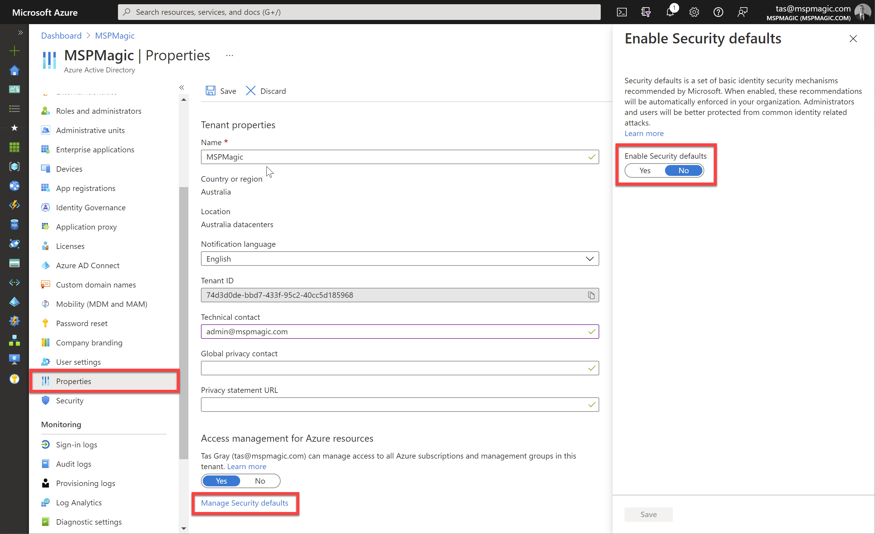 Azure portal and security defaults